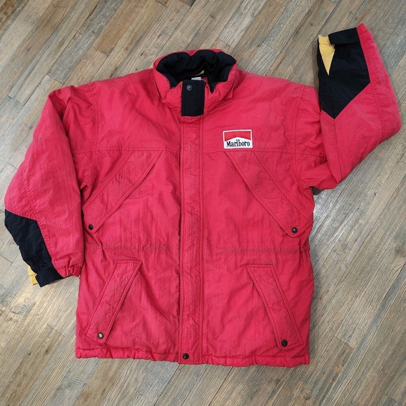 VTG 90s Marlboro Red Country Store Red Down Jacket Coat Logo Patch Size Medium - Picture 2 of 16